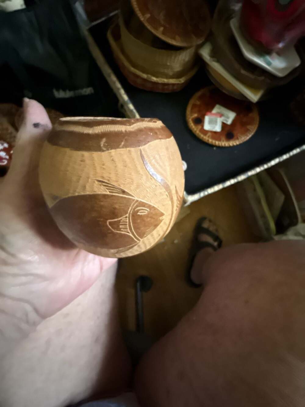 Vintage Hand-Carved Gourd Vessel with Fish Motif